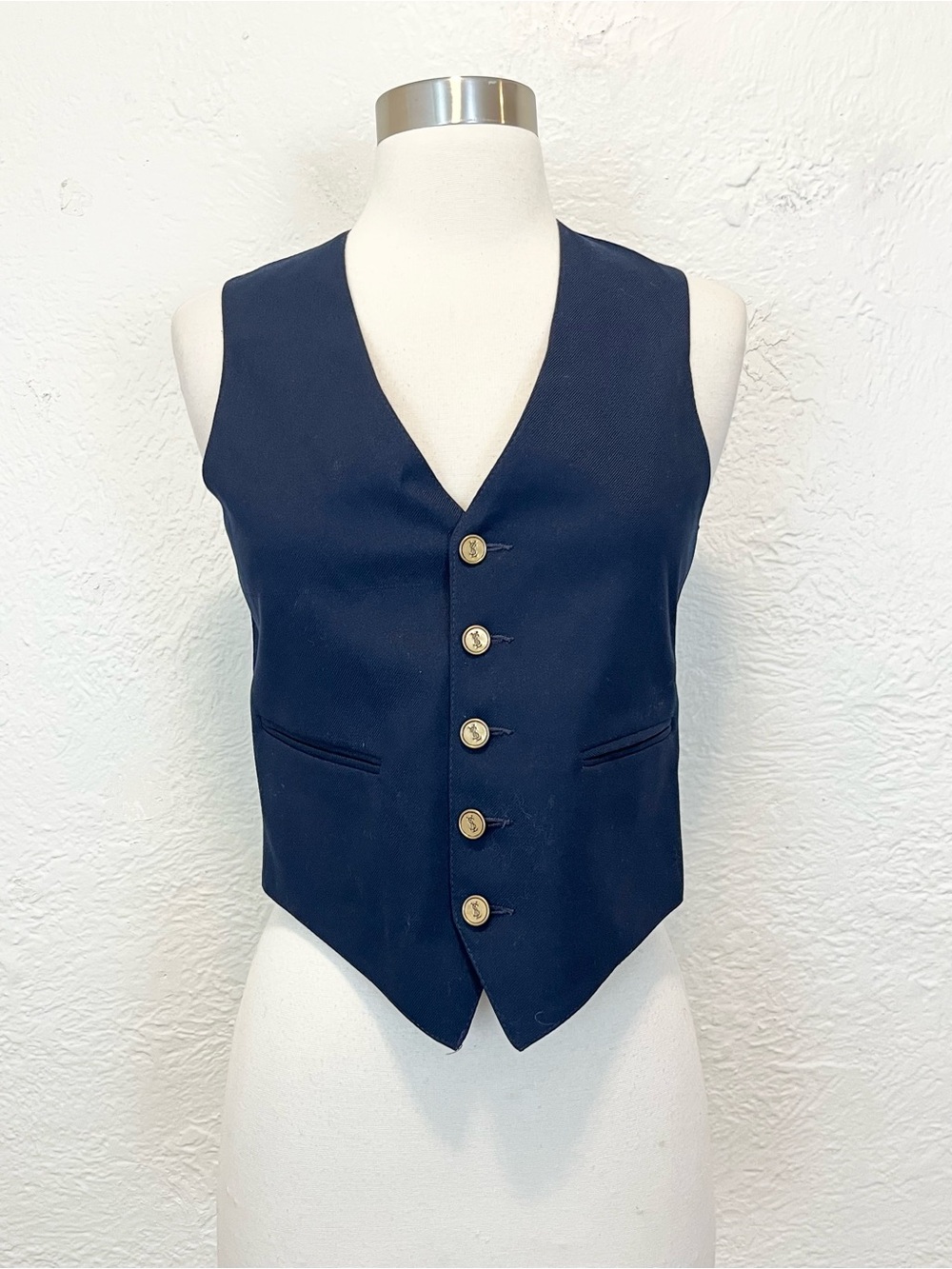Vintage Yves Saint Laurent YSL Vest Navy Blue Brass Buttons XS Extra Small - Picture 11 of 14